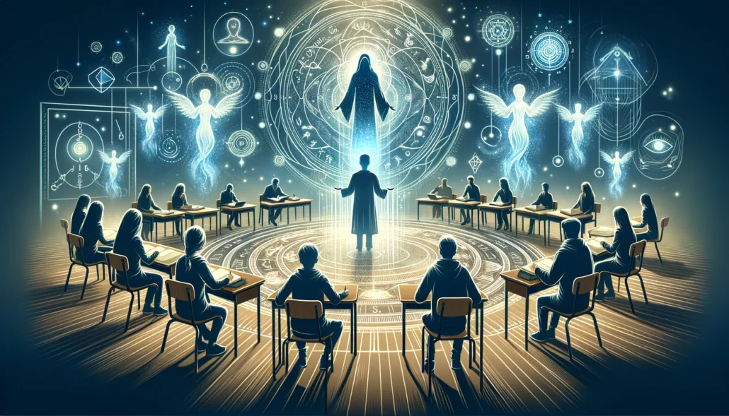 Students surrounding a perosn who is speaking to a supreme being